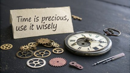 Fototapeta premium Vintage Clock with Gears and Inspirational Message on Wood Table