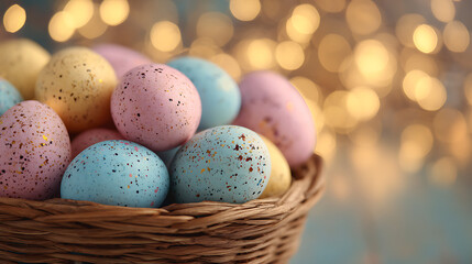 Pastel speckled eggs in woven basket with bokeh lights easter eggs pastel colors