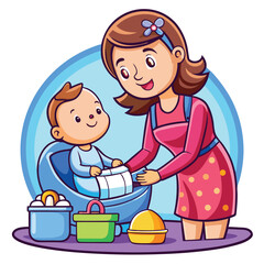 mom changing baby diaper icon on white background 