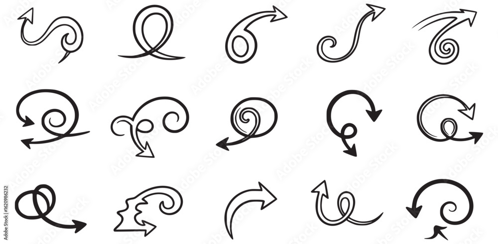 Poster hand drawn arrow doodles, vector sketch collection of swirling looping curved twisted and spiral arr