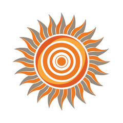 Stylized sun with concentric circles and flamelike rays, isolated on white background