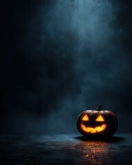 Glowing Halloween pumpkin in dark foggy background. Jack-o'-lantern pumpkin glowing on a moody dark background with fog, spooky Halloween atmosphere