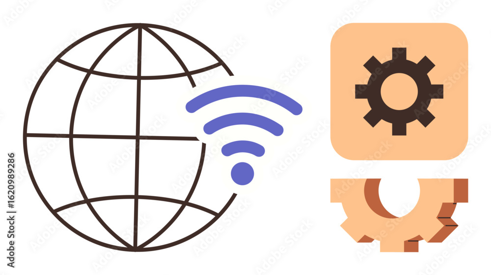 Poster globe with wireless signal depicting internet connection support, gears symbolizing system configura