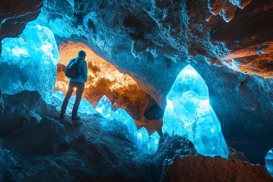 Adventurer entering secret cave illuminated by bright crystals