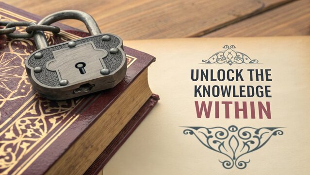 Vintage Lock on Book Cover with Inspirational Quote about Knowledge