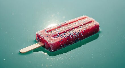 Red popsicle with colorful sprinkles floating on blue water with sunlight reflections.
