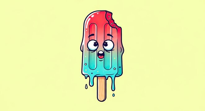 Cute cartoon popsicle with eyes and bite mark on pastel background, dripping playfully. - Powered by Adobe