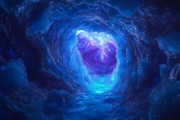 Ice tunnel glowing with soft blue light leading inward