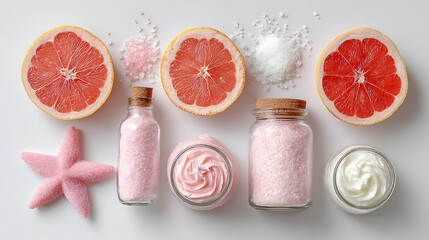 Pink grapefruit bath salts and body cream with starfish image