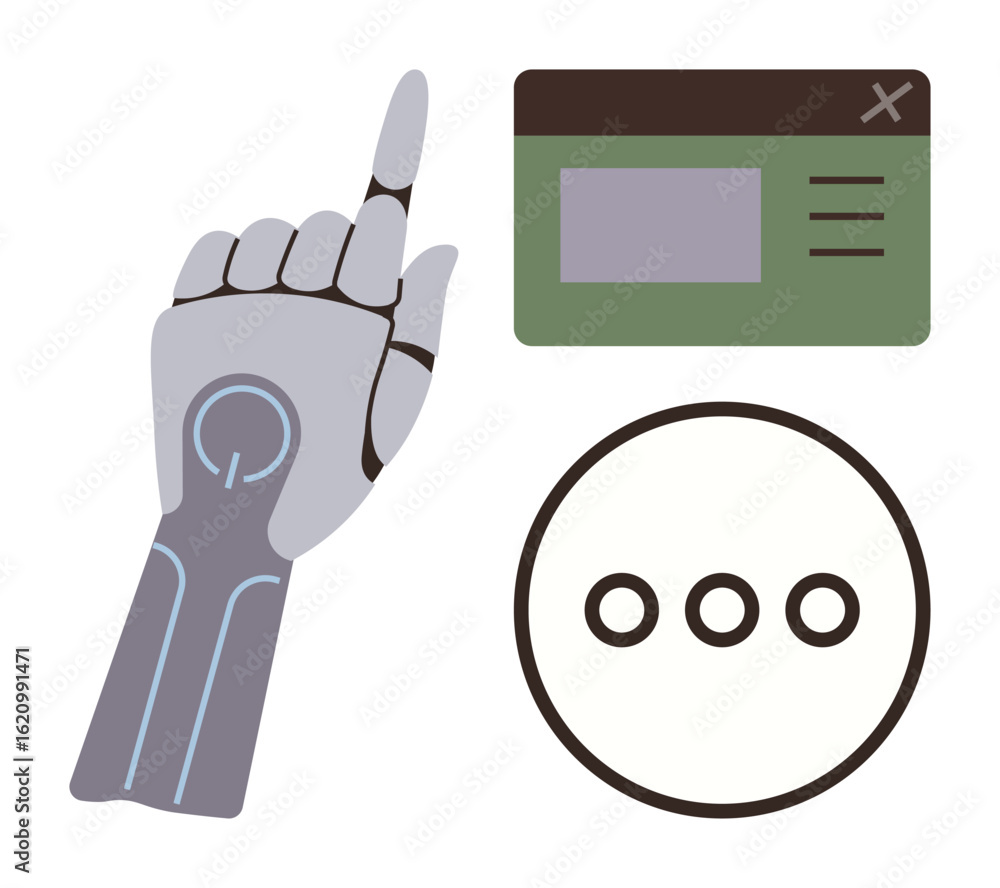 Poster robotic hand pointing at modern ui elements and three-dot menu. ideal for technology, automation, ai