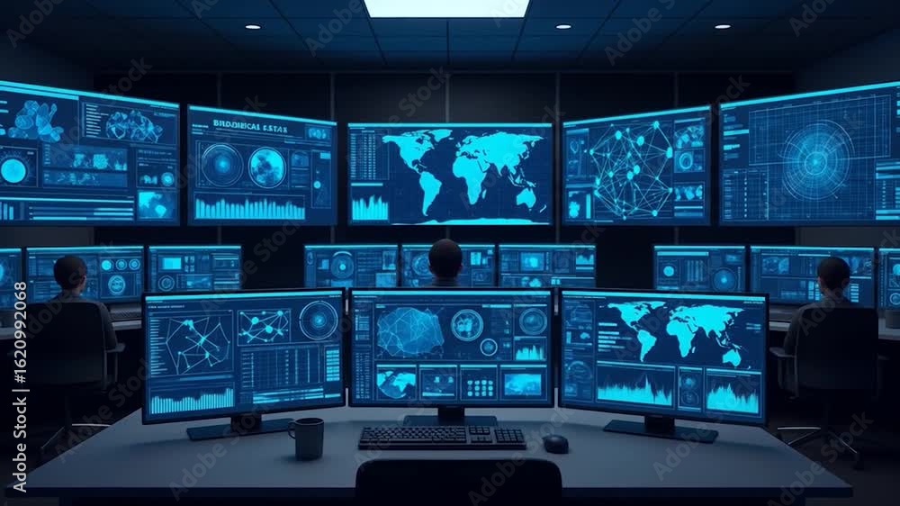 Poster Futuristic Control Room: Global Data Monitoring with Advanced Tech Displays