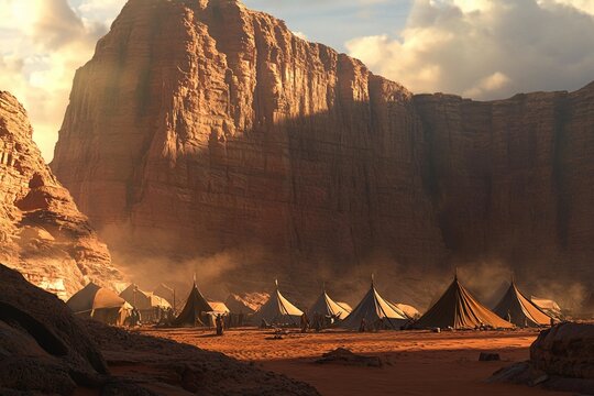 Nomads&rsquo; campsite with classic tents near vast sandy hills