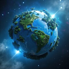 Naklejka premium The Earth, covered in lush green forests, floats in space amidst stars and nebulae with bright lens flares. It highlights the planet's special and fragile existence in the vast universe.