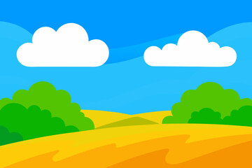 Obraz premium Bright cartoon landscape with green bushes and golden fields under blue sky