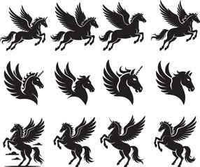Obraz premium Silhouette collection of winged horses and unicorns