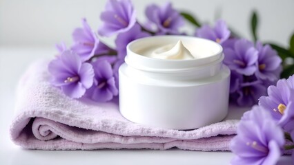 Lavender flowers and cream on a soft towel