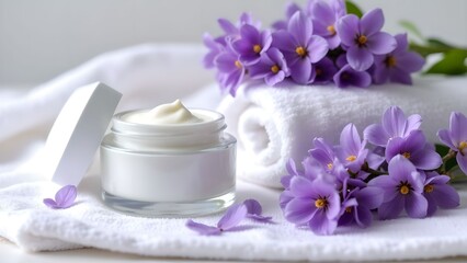 Lavender flowers and cream on a soft towel