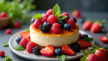 Delicious fruit-topped cheesecake served with fresh berries in a vibrant dessert display