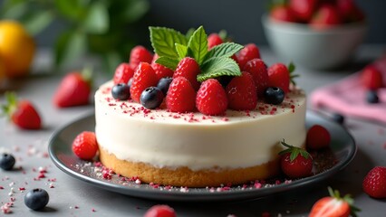 Delicious fruit-topped cheesecake served with fresh berries in a vibrant dessert display