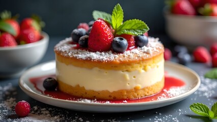Delicious fruit-topped cheesecake served with fresh berries in a vibrant dessert display