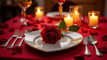 A romantic table setting with red rose on heart shaped plate and candles for a special occasion