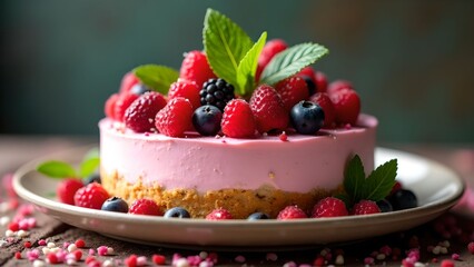Delicious fruit-topped cheesecake served with fresh berries in a vibrant dessert display