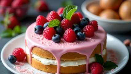 Delicious fruit-topped cheesecake served with fresh berries in a vibrant dessert display