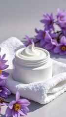 Lavender flowers and cream on a soft towel