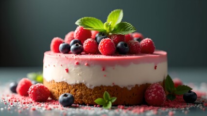 Delicious fruit-topped cheesecake served with fresh berries in a vibrant dessert display