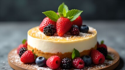 Delicious fruit-topped cheesecake served with fresh berries in a vibrant dessert display
