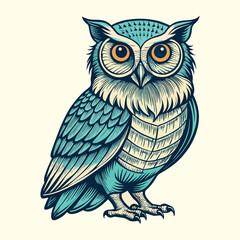 Fototapeta premium A wise brown cartoon owl with big eyes and a beak sits on a tree branch, a cute character illustration for a nature vector drawing