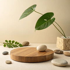 Natural wood podium with green leaves and smooth stones for product display