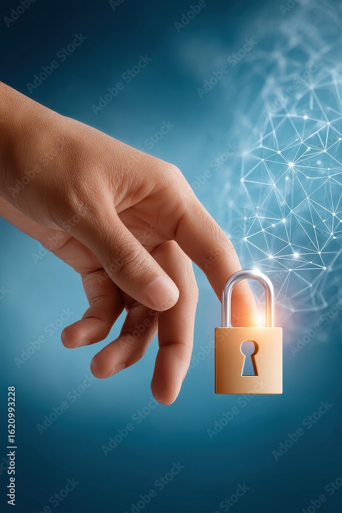 Poster hand touching a digital security padlock against a connected network background