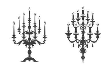 Elegant silhouette illustration of two elaborate candelabras or candle holders with lit candles