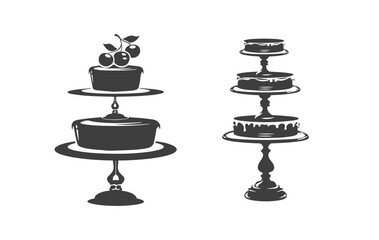 Elegant Cake Stands Showcasing Delicious Layered Cakes and Cherry Topped Dessert vector