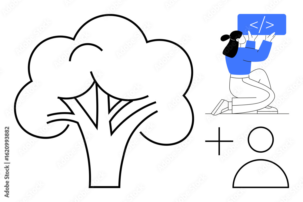 Poster tree outline, person coding with software symbol, user icon emphasizing eco-tech, innovation, and da