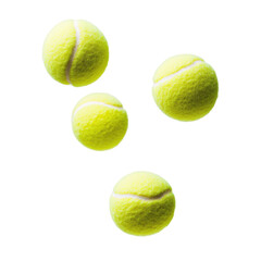 Four yellow tennis balls in motion isolated on transparent background