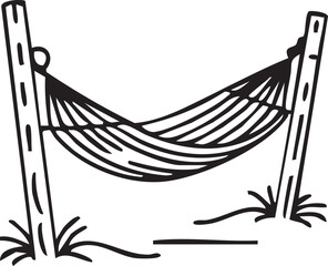 Black and white illustration of a hammock strung between two wooden posts with grass at the base