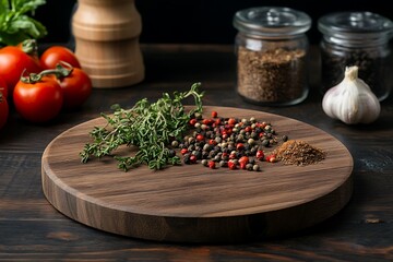 Fresh thyme peppers tomatoes and garlic on wood cutting board still life