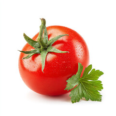 Tomato isolated. Tomato with leaf on white background. Tomato side view composition. Full depth of field.