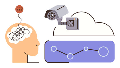 Human head with tangled thoughts, a surveillance camera, cloud symbol, and data graph. Ideal for privacy concerns, data monitoring, AI ethics, digital footprints, cloud storage mental health