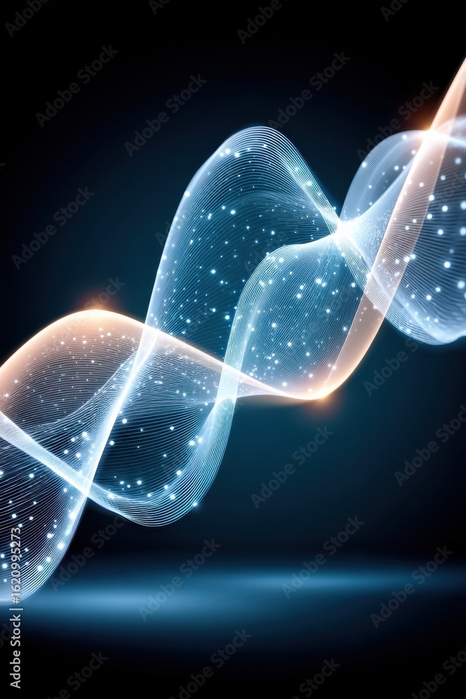 Poster glowing abstract wave with sparkling points on a dark blue background