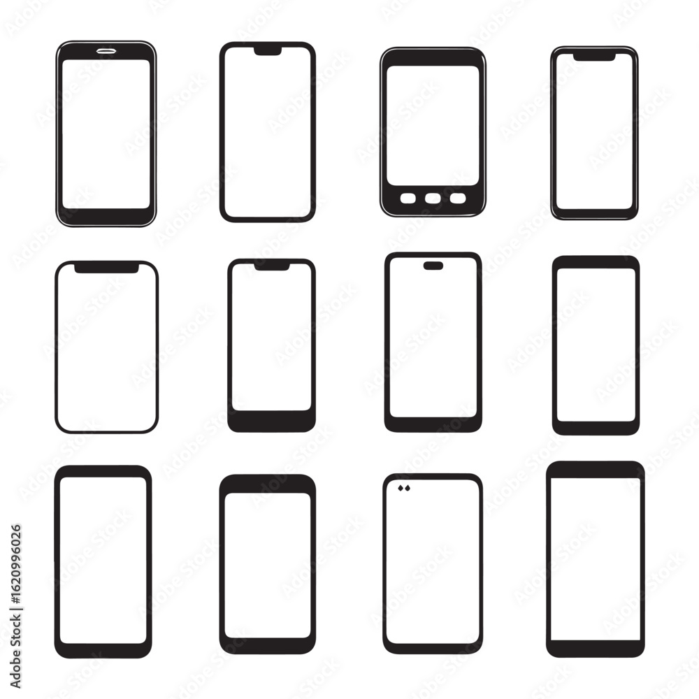 Poster vector art of a grid of various smartphone models showcasing different designs and screen layouts