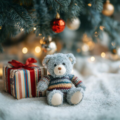 toy and gift under Christmas tree. High quality photo. Copy space image. Place for adding text and design
