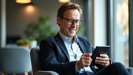Smiling middle aged businessman in a suit and glasses confidently using a smartphone while seated in a modern office lounge