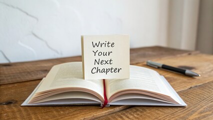 Fototapeta premium Write Your Next Chapter with Open Book and Sticky Note Inspiration