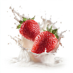 Two strawberries falling into milk. Splash isolated on white bac