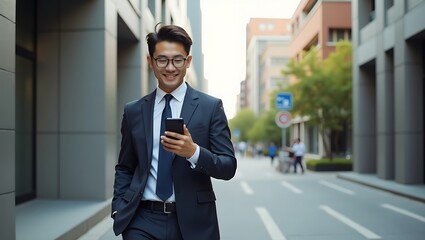 A smiling young businessman in a suit and tie navigates his smartphone while walking down a bustling city street