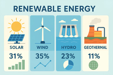 Naklejka premium A horizontal flat-style infographic showing types of renewable energy: solar, wind, hydro, and geothermal, with icons and statistics for education atmosphere