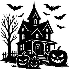 Haunted house with pumpkins and flying bats, black and white vector Halloween illustration with spooky atmosphere and classic seasonal elements